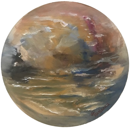 Scene painted in acrylic on circular glass